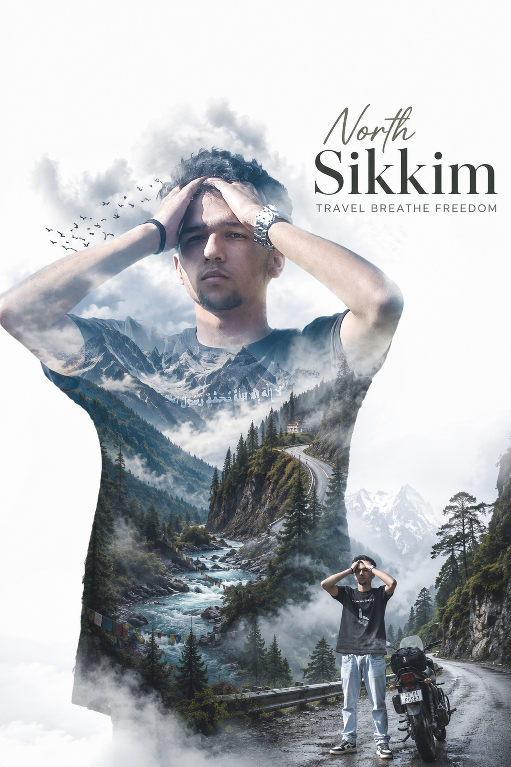 Mohammad Adeeb Mir — double exposure portrait against a North Sikkim mountain road